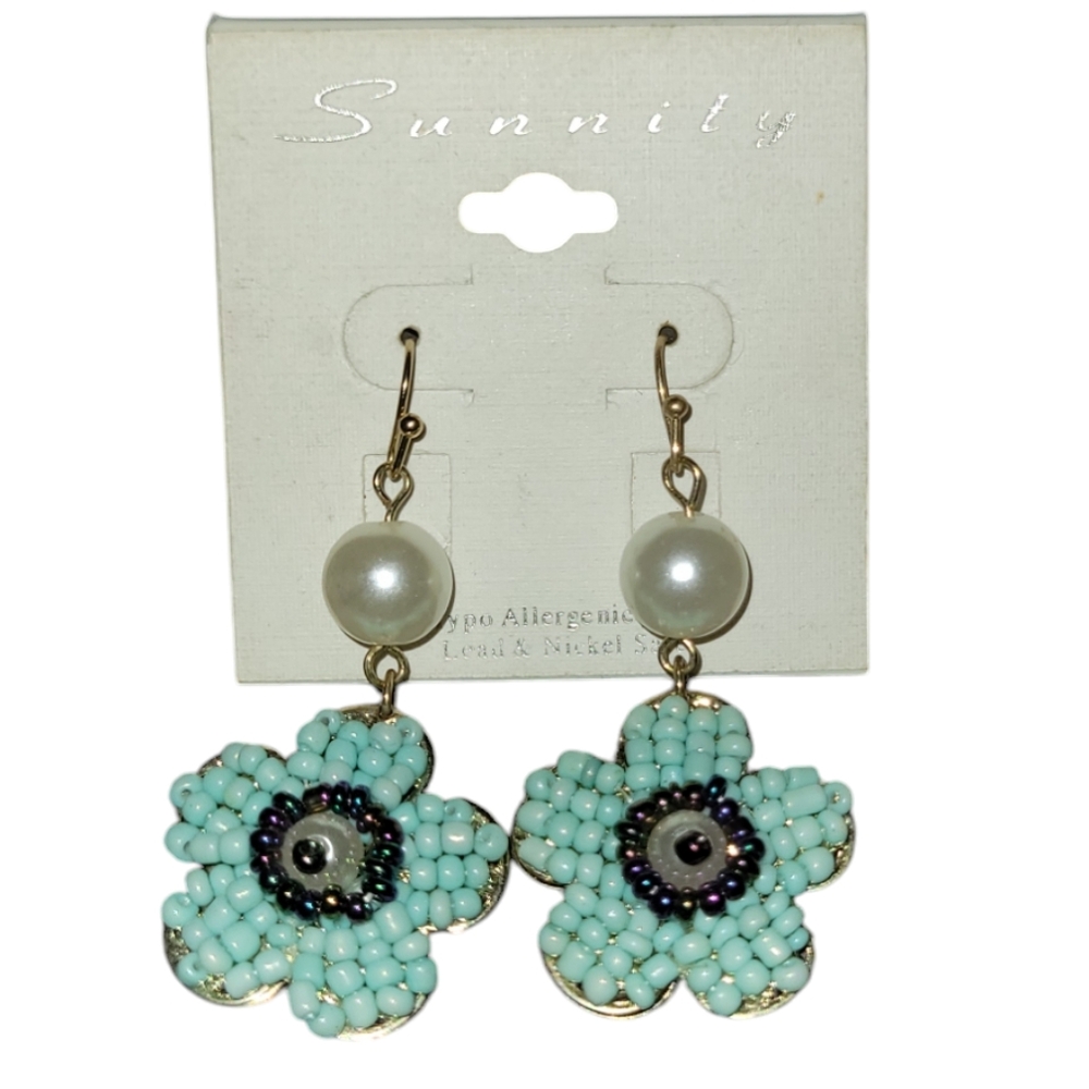 Sunnity floral boho beaded faux pearl gold base hook style earrings